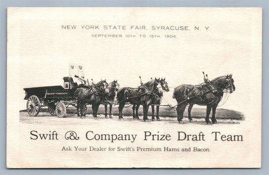 SYRACUSE NY SWIFT & CO DRAFT TEAM HAMS & BACON ADVERTISING ANTIQUE POSTCARD