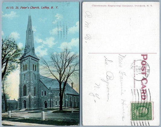 LE ROY N.Y. ST.PETER'S CHURCH 1911 ANTIQUE POSTCARD