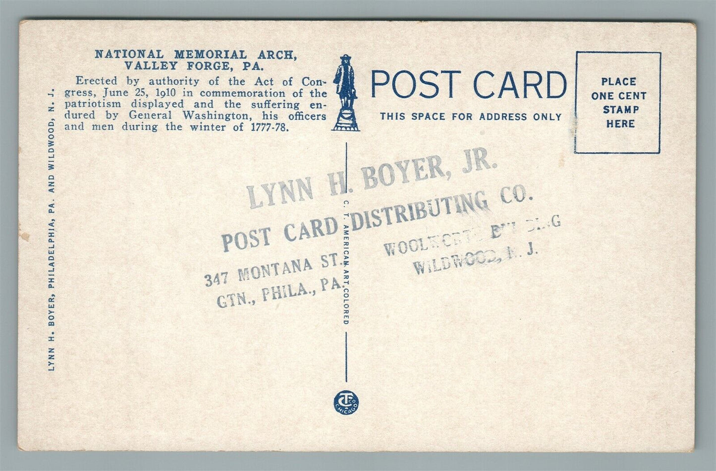 ANTIQUE POSTCARD DISTRIBUTING ADVERTISING VALLEY FORGE PA NATIONAL MEMORIAL ARCH