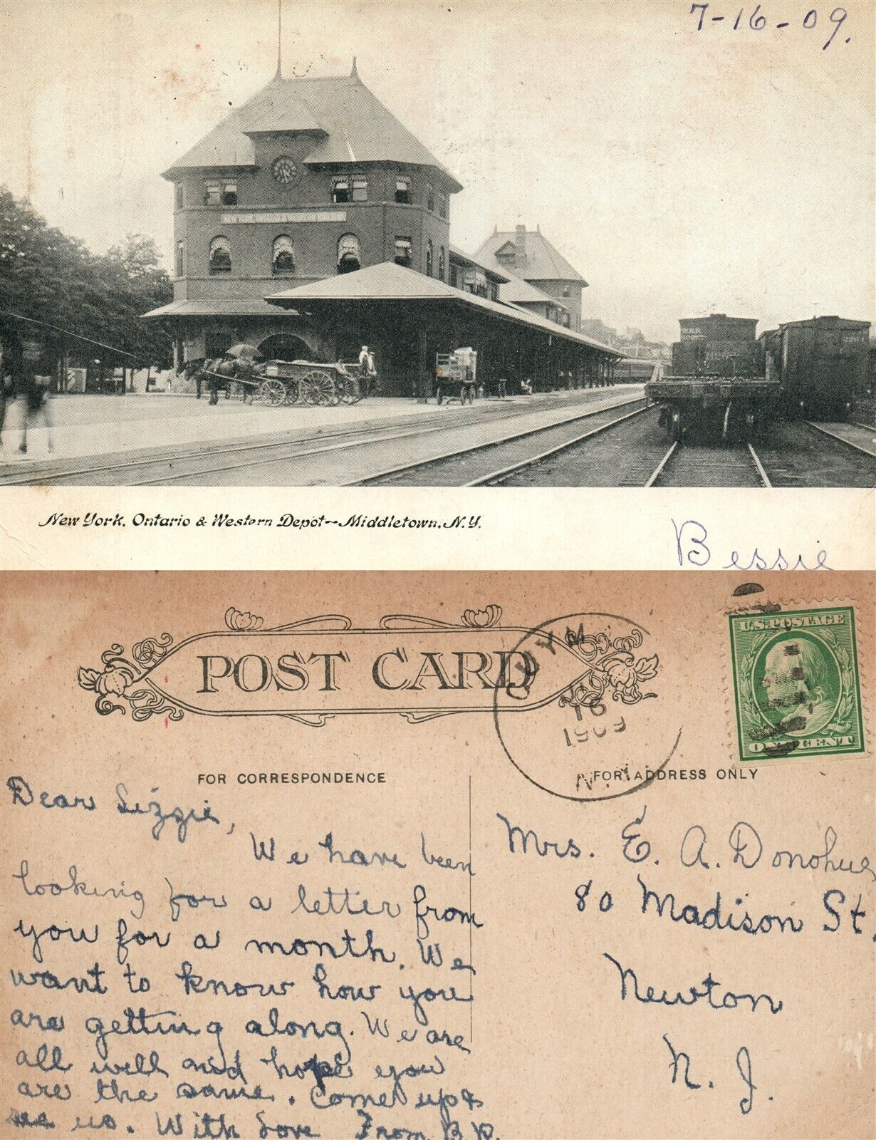 MIDDLETOWN N.Y.  RAILWAY STATION 1909 ANTIQUE POSTCARD RAILROAD DEPOT