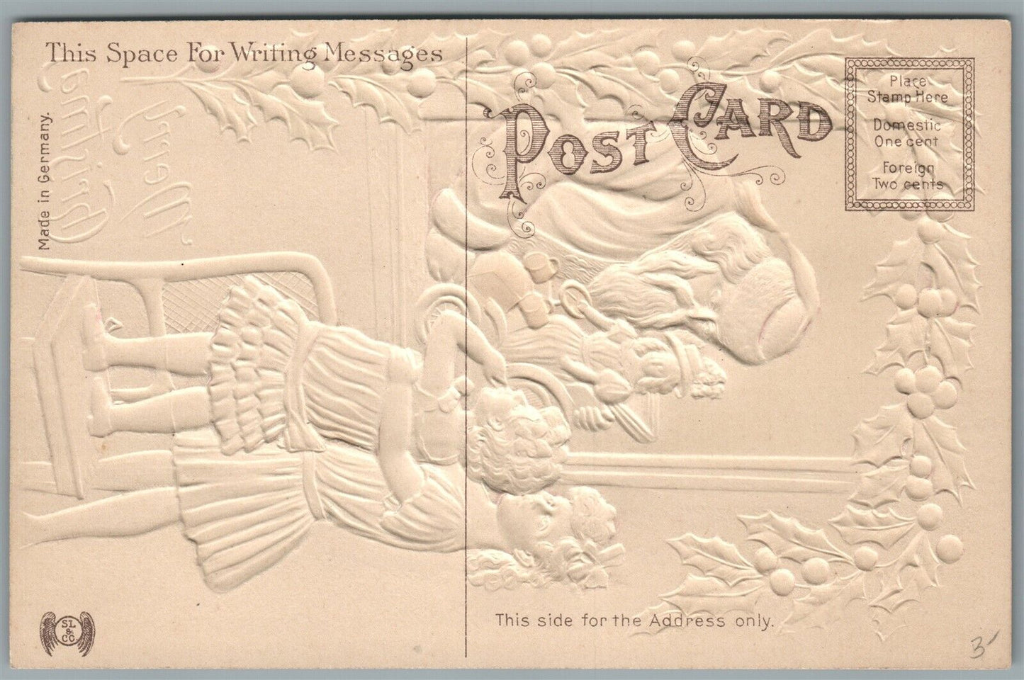 SANTA w/ KIDS MERRY CHRISTMAS EMBOSSED ANTIQUE POSTCARD