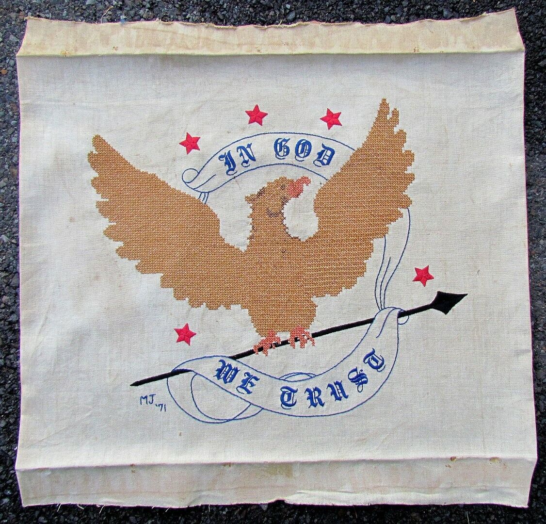 VINTAGE PATRIOTIC THEME US EAGLE IN GOD WE TRUST NEEDLEWORK Americana embroidery