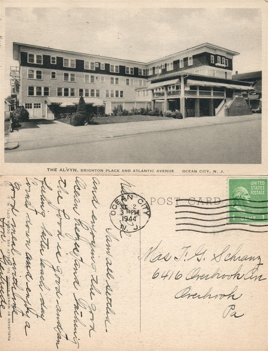 OCEAN CITY N.J. THE ALVYN BRIGHTON PLACE & ATLANTIC AVENUE 1944 VINTAGE POSTCARD