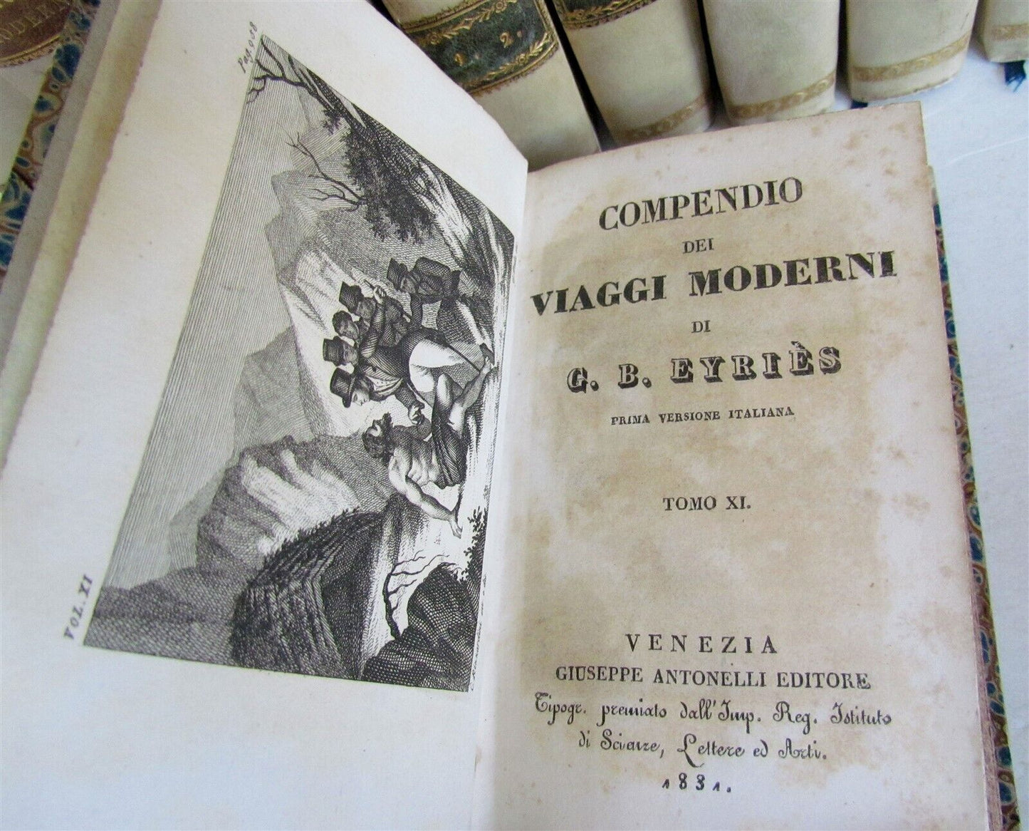 1830-1834 COLLECTION OF TRAVELS 20 VOLUMES antique Compendio dei viaggi moderni