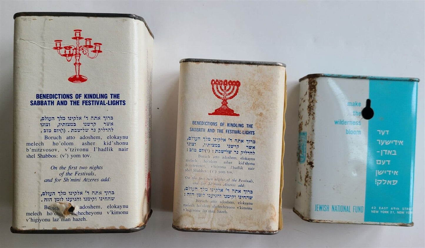 LOT of 3 VINTAGE JEWISH TZEDAKAH donation BOXES JUDAICA made in USA AMERICANA