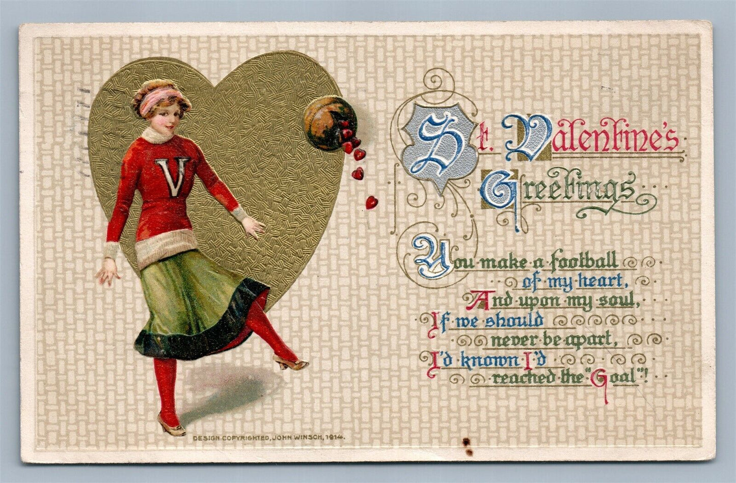 VALENTINE DAY 1914 ANTIQUE POSTCARD by JOHN WINSCH FEMALE FOOTBALL PLAYER