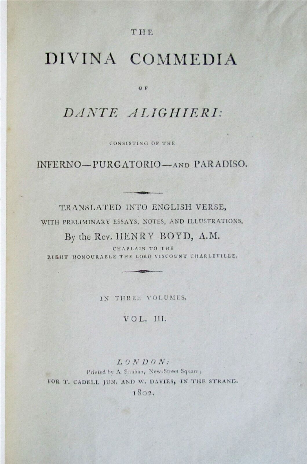 1802 DIVINA COMMEDIA of Dante Alighieri 1st ENGLISH EDITION antique 3 VOLUMES