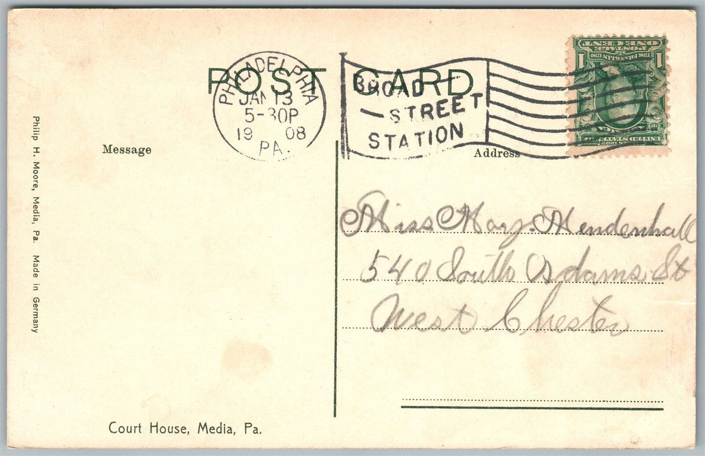MEDIA PA COURT HOUSE 1908 ANTIQUE POSTCARD