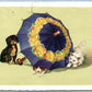 CAT & DOGS PLAY UNDER UMBRELLA VINTAGE POSTCARD