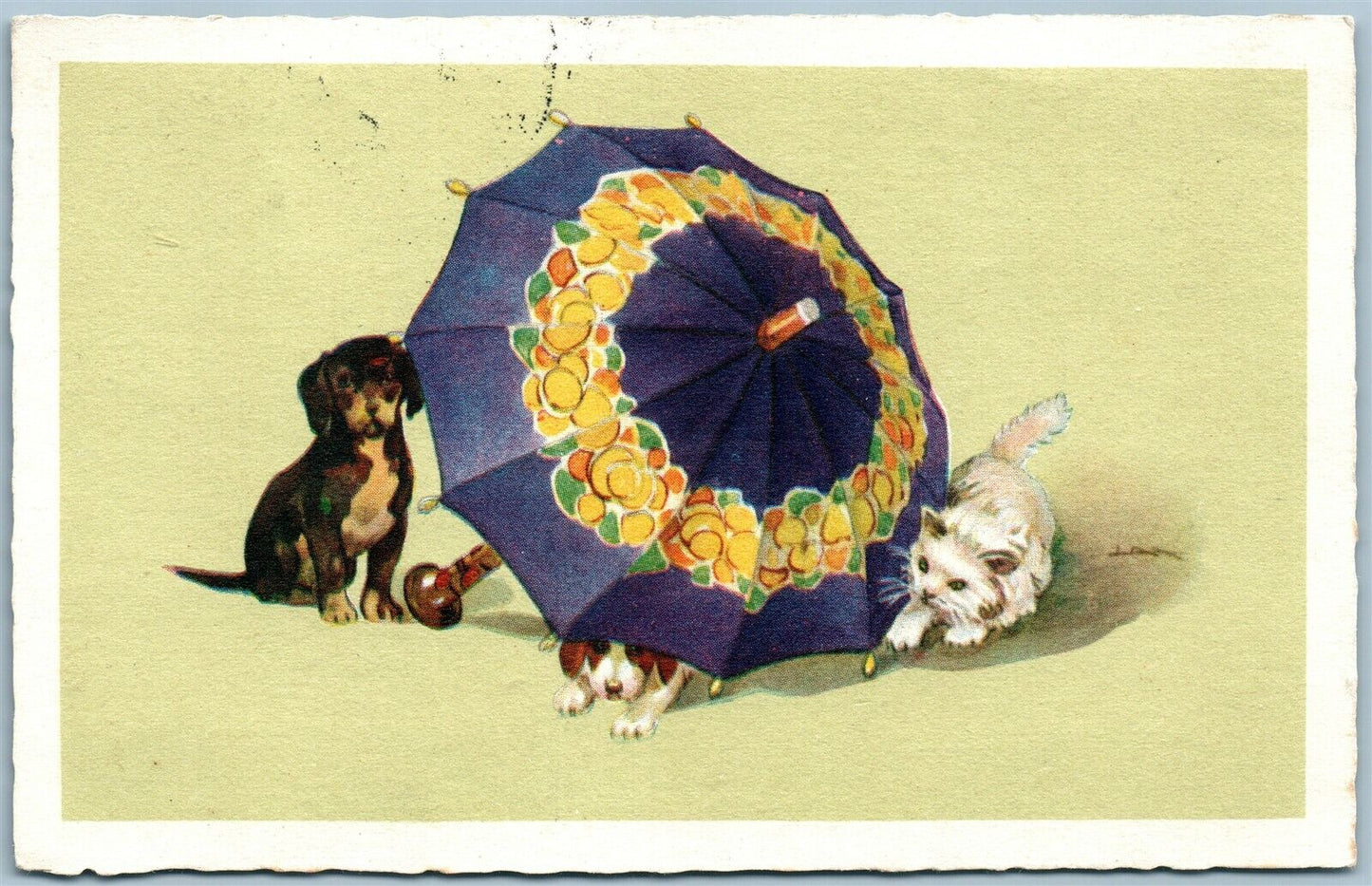 CAT & DOGS PLAY UNDER UMBRELLA VINTAGE POSTCARD