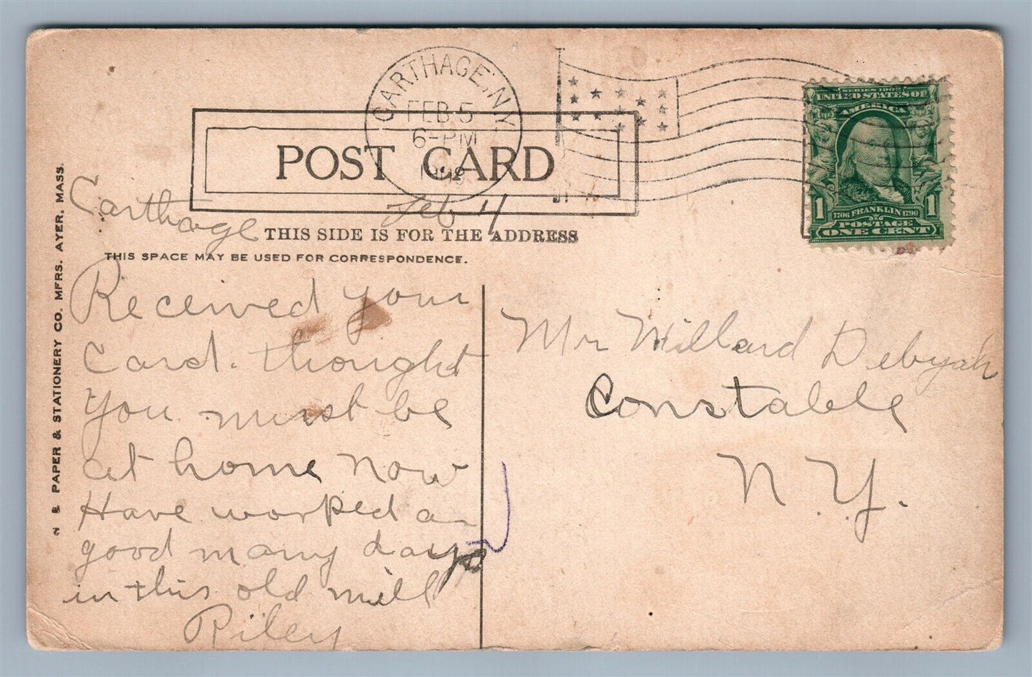 CARTHAGE NY LeROY MILL 1909 ANTIQUE POSTCARD