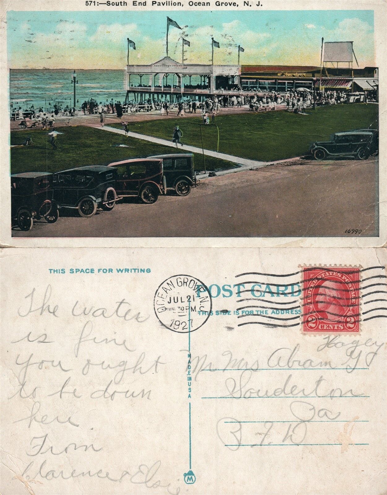 OCEAN GROVE N.J. SOUTH END PAVILION 1927 ANTIQUE POSTCARD