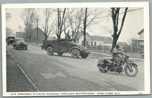 PINE CAMP NY MOTORCYCLE & ARMORED DIVISION PASSING WATERTOWN VINTAGE POSTCARD