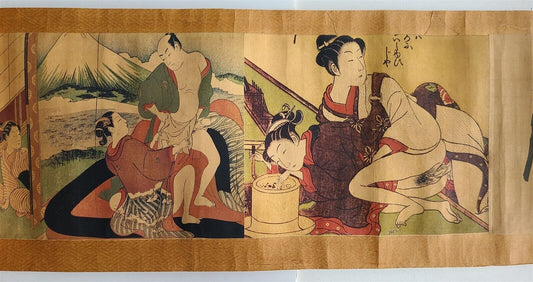 1920s CHINESE EROTIC SCROLL HAND PAINTED vintage SHUNGA 10 by 84"