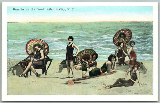 ATLANTIC CITY NJ BEAUTIES ON THE BEACH ANTIQUE POSTCARD collage montage