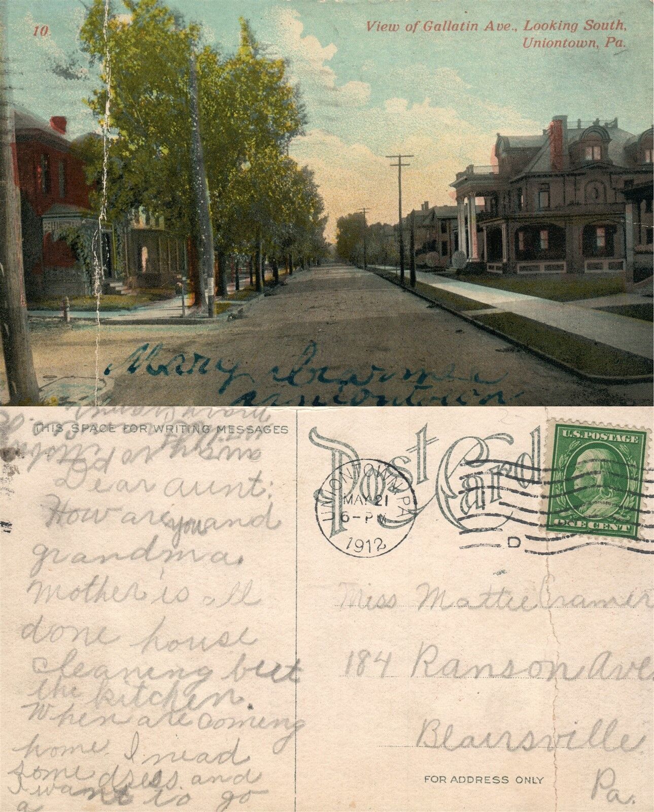 UNIONTOWN PA GALLATIN AVENUE 1912 ANTIQUE POSTCARD