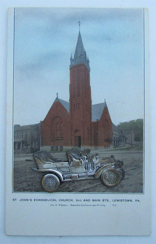 LEWISTOWN PA ST.JOHN CHURCH ANTIQUE POSTCARD w/ APPLIQUE METAL CAR