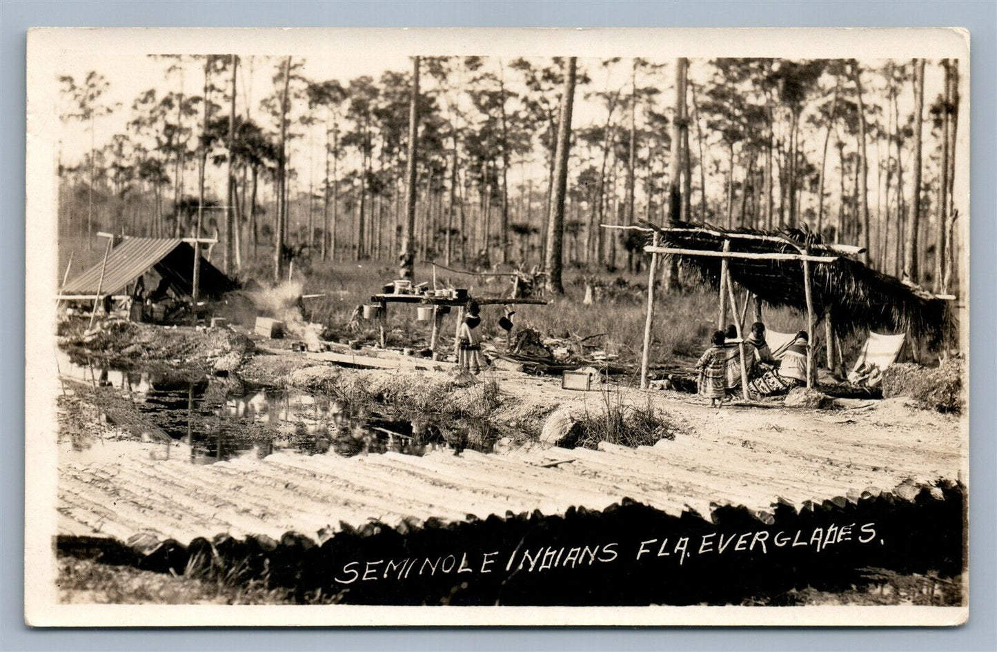 SEMINOLE INDIANS FLORIDA EVERGLADES CAMP ANTIQUE REAL PHOTO POSTCARD RPPC