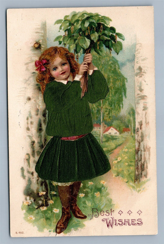 GIRL in APPLIQUE CLOTH DRESS w/ FLOWERS ANTIQUE POSTCARD