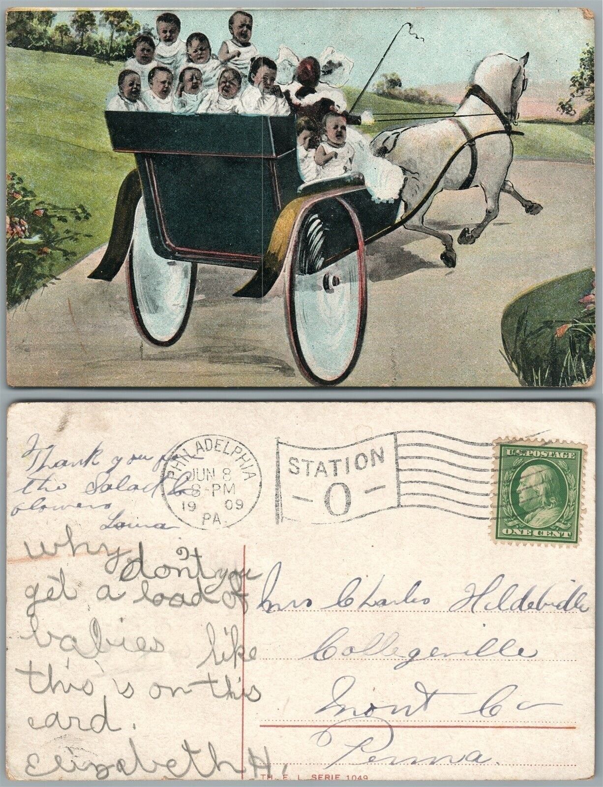 BABIES COACH 1909 ANTIQUE POSTCARD