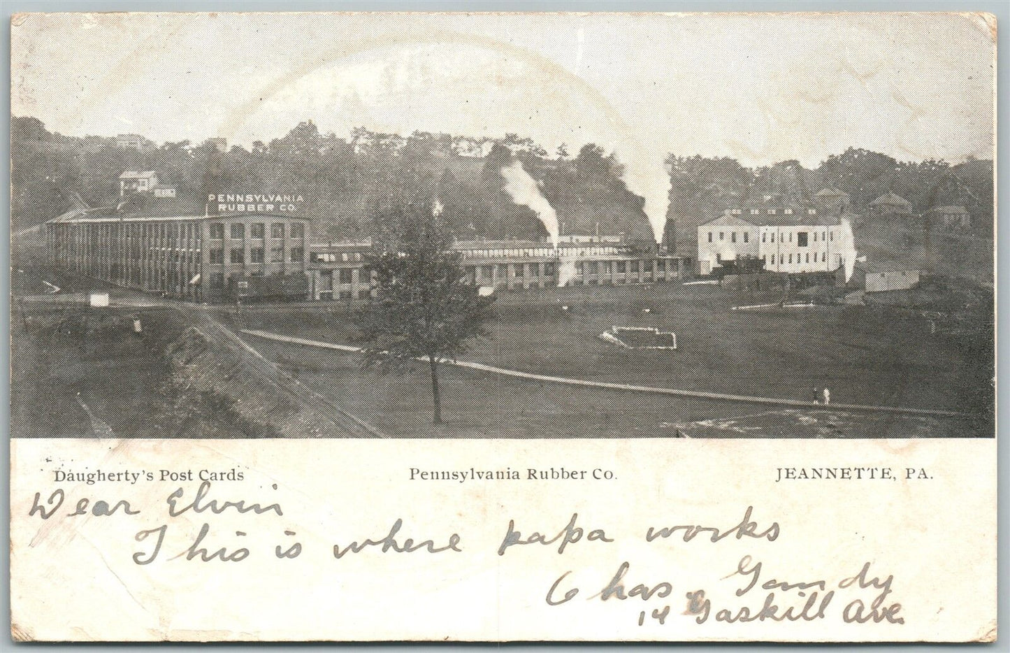 JEANNETTE PA PENNSYLVANIA RUBBER COMPANY 1906 ANTIQUE POSTCARD w/ CORK CANCEL