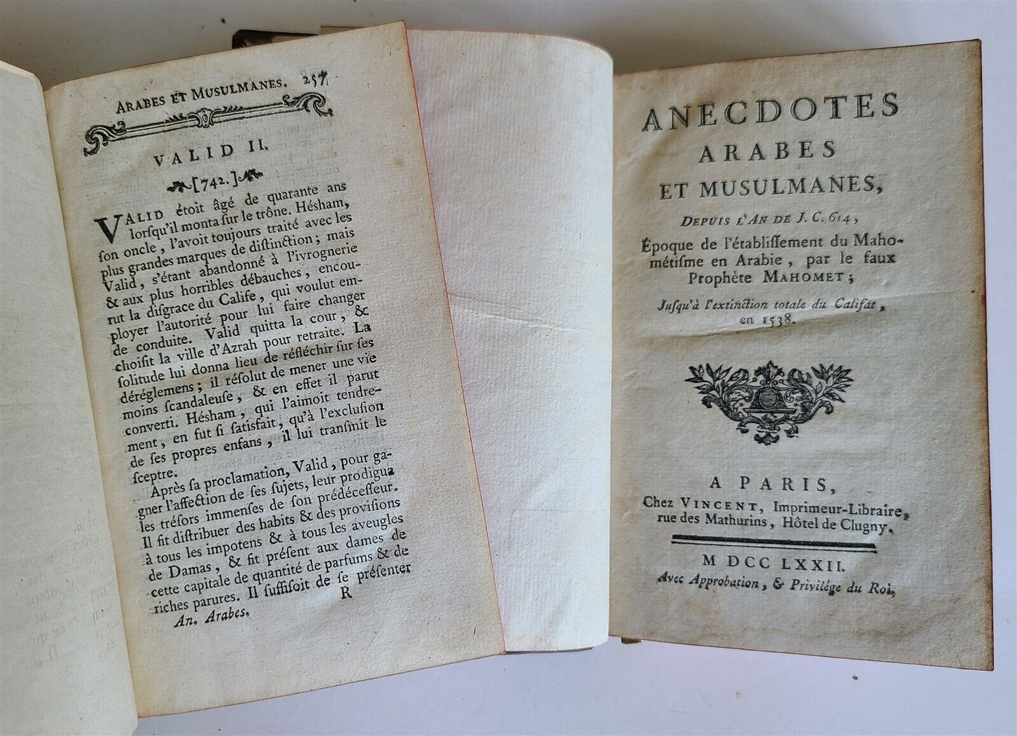 1772 ARAB & MUSLIM ANECDOTES antique 2 VOLUMES FRENCH HISTORY of ISLAMIC STATE