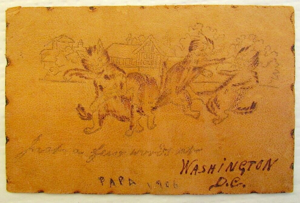 ANTIQUE COMIC LEATHER POSTCARD - FIGHTING CATS