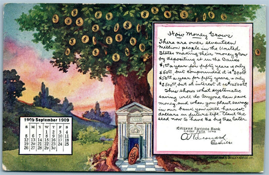 CEDAR FALLS IA CITIZENS SAVINGS BANK ANTIQUE POSTCARD SEPTEMBER 1909 CALENDAR