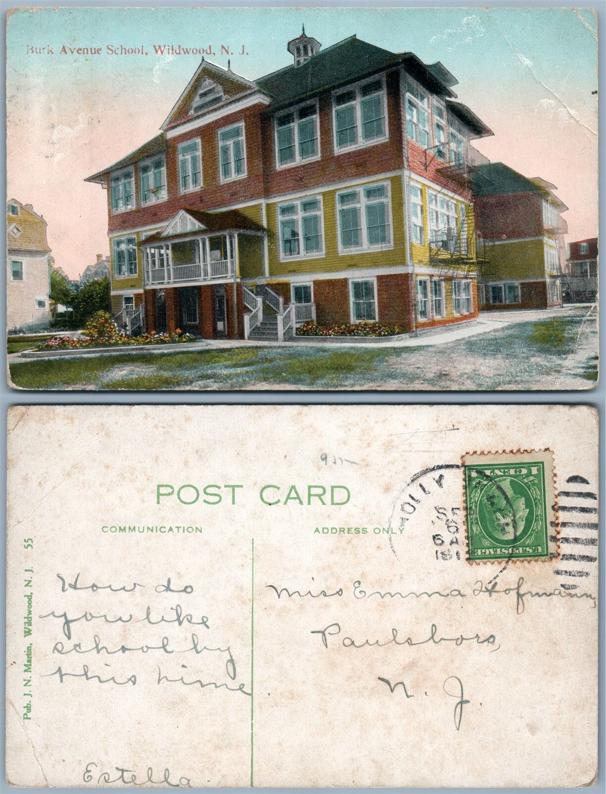 WILDWOOD N.J. BURK AVENUE SCHOOL ANTIQUE POSTCARD w/ CORK CANCEL