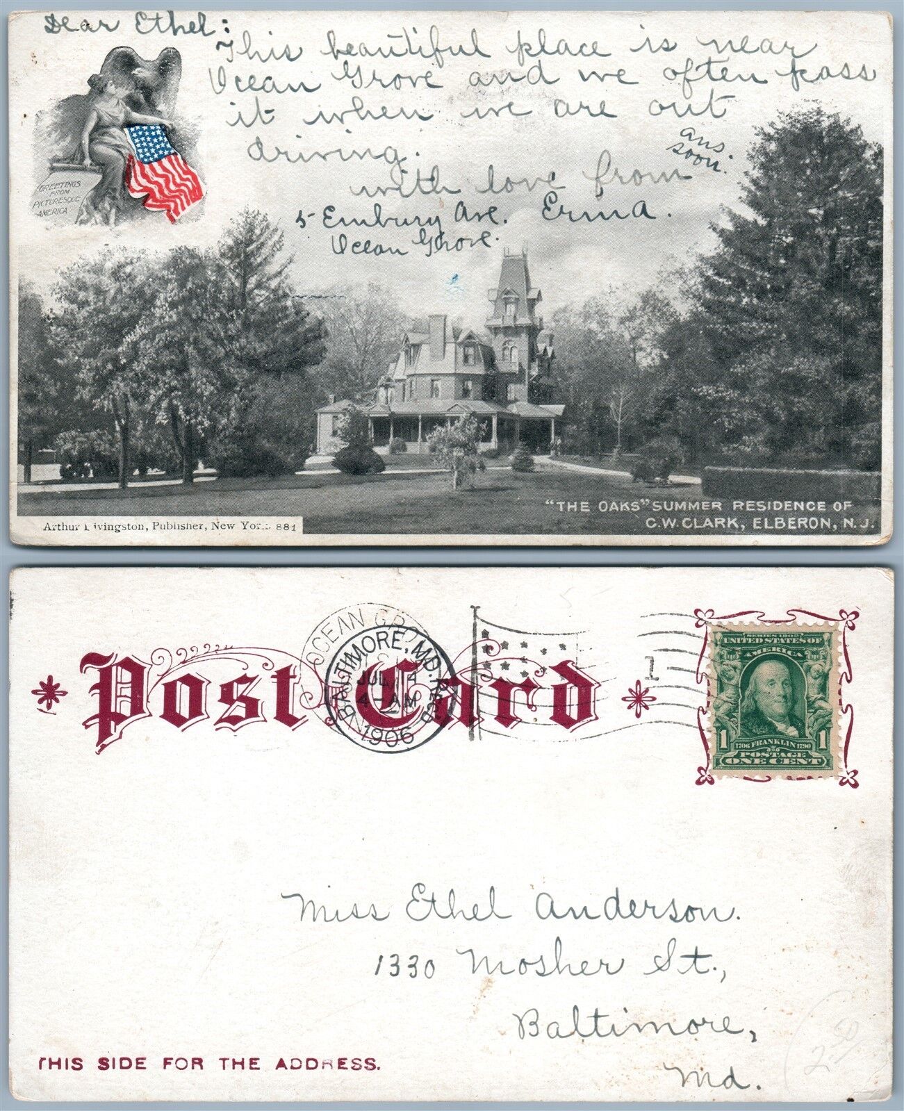 ELBERON N.J. OAKS RESIDENCE of C.W.CLARK ANTIQUE POSTCARD by ARTHUR LIVINGSTON