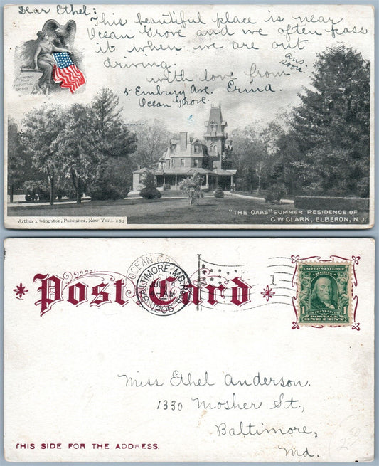 ELBERON N.J. OAKS RESIDENCE of C.W.CLARK ANTIQUE POSTCARD by ARTHUR LIVINGSTON