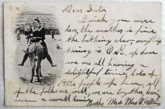 LOOKING BACKWARDS RIDING DONKEY ATLANTIC CITY N.J. ANTIQUE 1905 POSTCARD