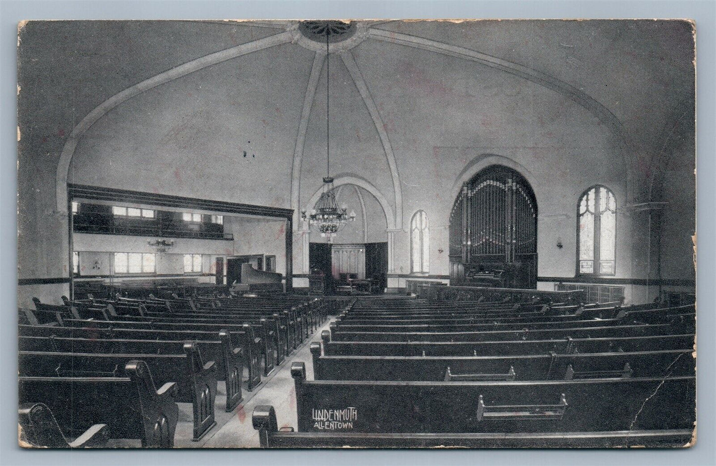 ZIONSVILLE PA REFORMED CHURCH INTERIOR ANTIQUE POSTCARD