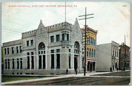HONESDALE PA NATIONAL DIME & SAVINGS BANKS 1907 ANTIQUE POSTCARD