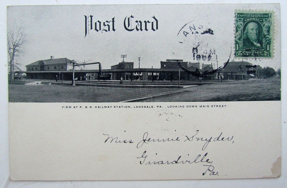 VINTAGE 1907 DOUBLE SIDED POSTCARD - P. & R. RAILWAY STATION LANDSDALE PA