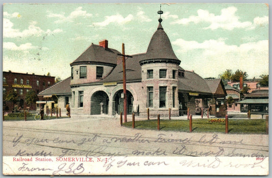 SOMERVILLE NJ RAILROAD STATION 1909 ANTIQUE POSTCARD railway depot CORK STAMP