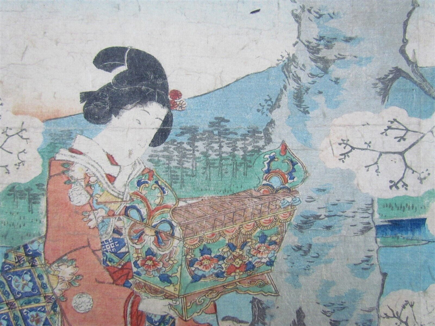 JAPANESE WOODBLOCK PRINT TRITYCH 3 geishas EDO PERIOD