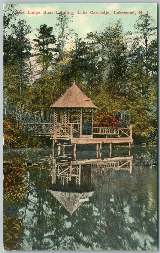 LAKEWOOD NJ LAKE CARASALJO PINE LODGE BOAT LANDING ANTIQUE POSTCARD