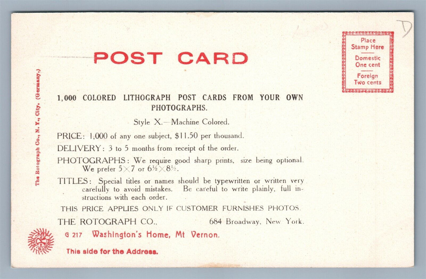 ROTOGRAPH CO NY POST CARD MANUFACTURE ADVERTISING ANTIQUE POSTCARD MT.VERNON