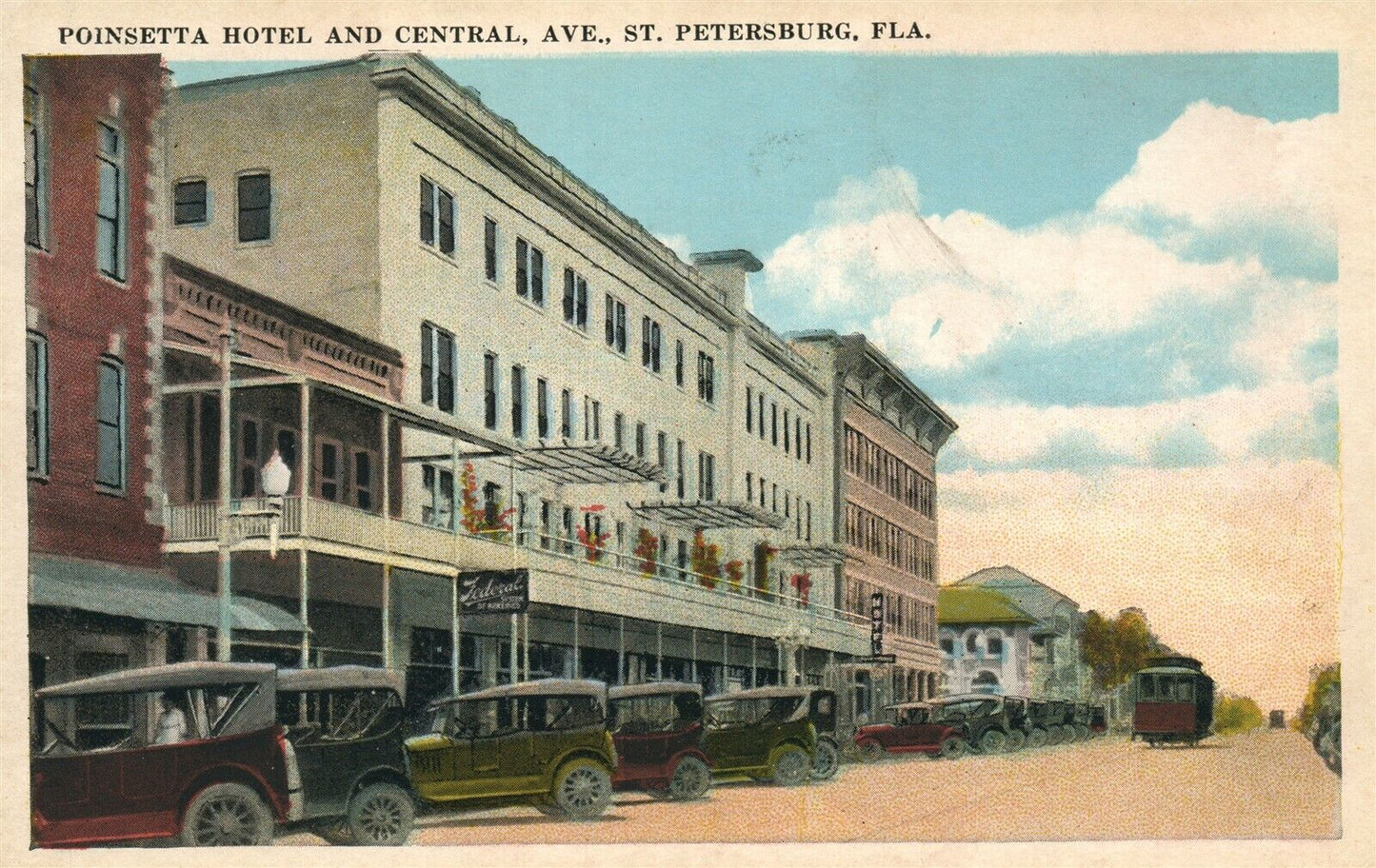 ST.PETERSBURG FL POINSETTA HOTEL & CENTRAL AVE. ANTIQUE POSTCARD