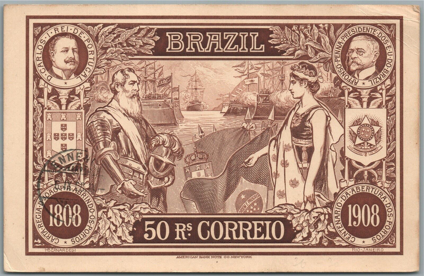 BRAZIL 50 CORREIO 1909 ANTIQUE POSTCARD w/ STAMPS