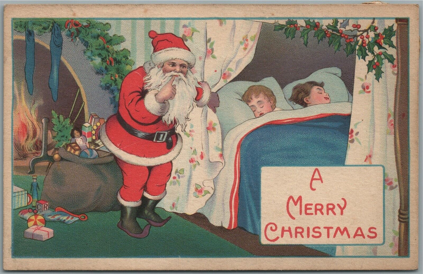 CHRISTMAS SANTA SLEEPING KIDS ANTIQUE POSTCARD