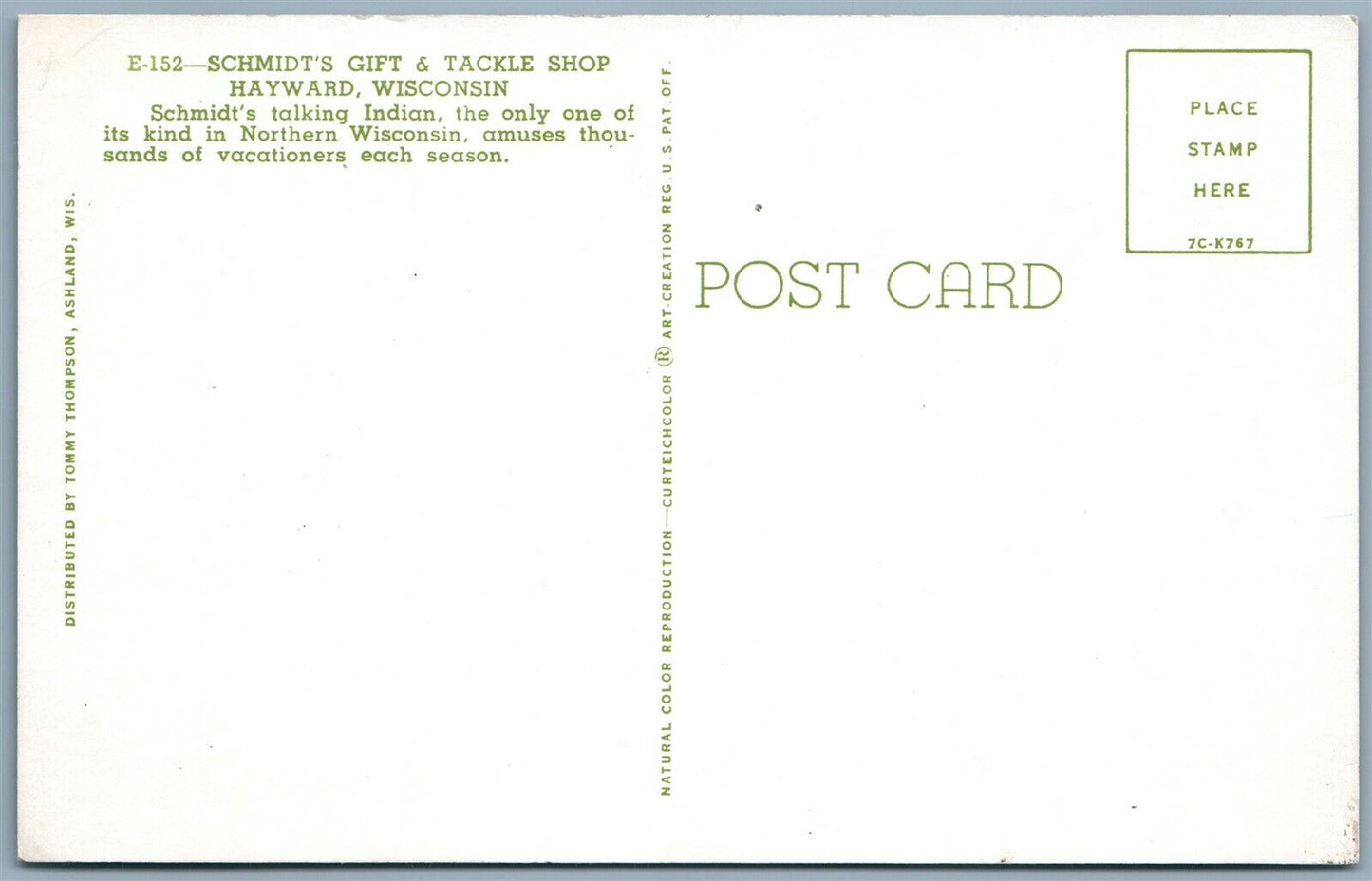 INDIAN SCHMIDNT'S GIFT & TACKLE SHOP HAYWARD WI POSTCARD