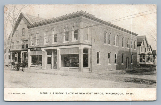 WINCHENDON MA MERRIL'S BLOCK NEW POST OFFICE ANTIQUE POSTCARD