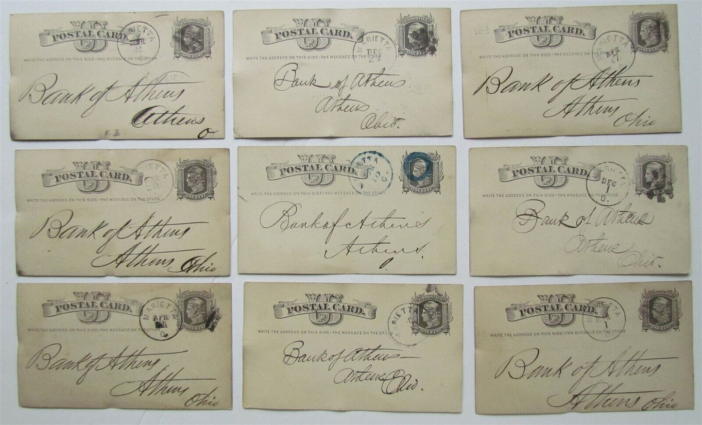 1870s-90s LOT of 9 BANKS of MARIETTA OHIO ANTIQUE STATEMENT CARDS POSTCARDS