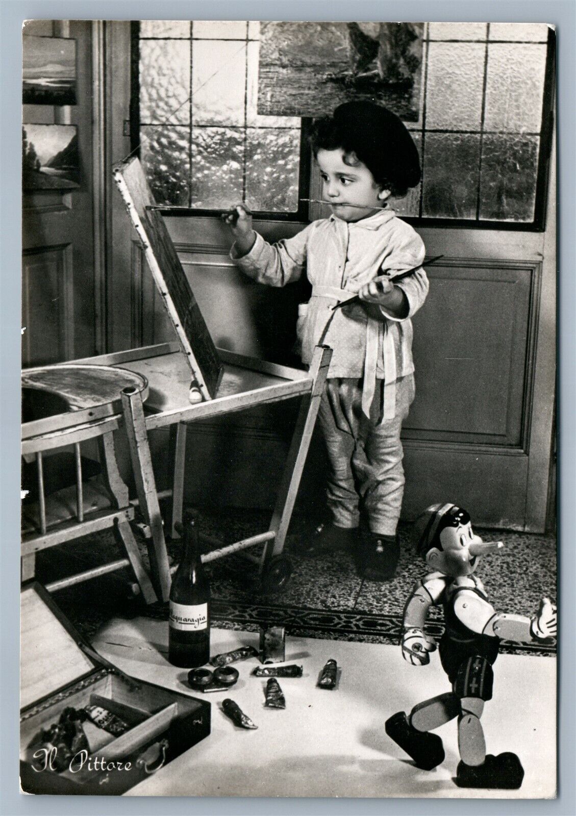 ARTIST BOY & WALKING WOODEN PINOCCIO TOY VINTAGE REAL PHOTO POSTCARD RPPC