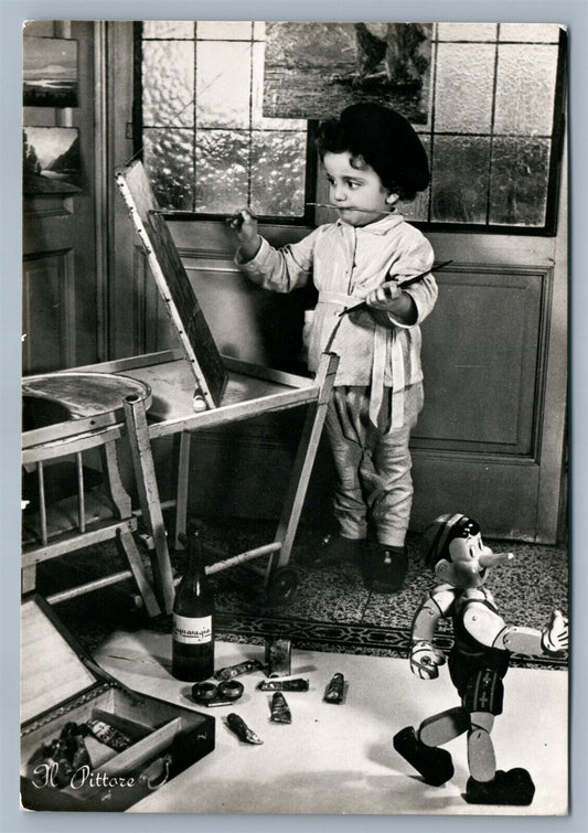 ARTIST BOY & WALKING WOODEN PINOCCIO TOY VINTAGE REAL PHOTO POSTCARD RPPC