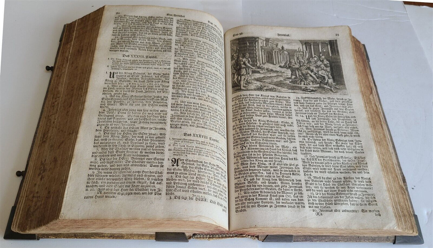 1763 BIBLE ILLUSTRATED IMPRESSIVE PIGSKIN FOLIO AMAZING BRONZE FITTINGS antique