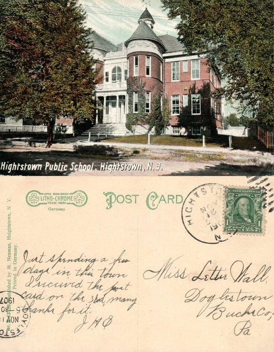 HIGHTSTOWN N.J. PUBLIC SCHOOL 1907 ANTIQUE POSTCARD