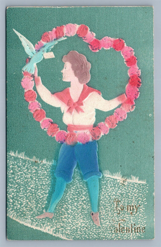 VALENTINE ANTIQUE EMBOSSED 1911 POSTCARD BOY w/ FLOWER HEART